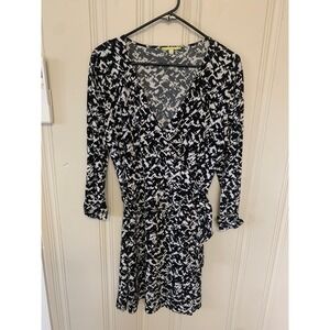 Gianni Bini Dress Black White Abstract Print Wrap Tie Long Sleeve Size‎ L